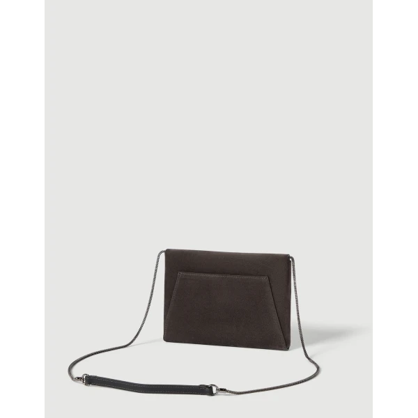 Brunello Cucinelli Duo pochette in suede with precious chain in Pepper, view 2 | Clutch Bags | Coveti