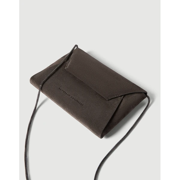 Brunello Cucinelli Duo pochette in suede with precious chain in Pepper, view 3 | Clutch Bags | Coveti