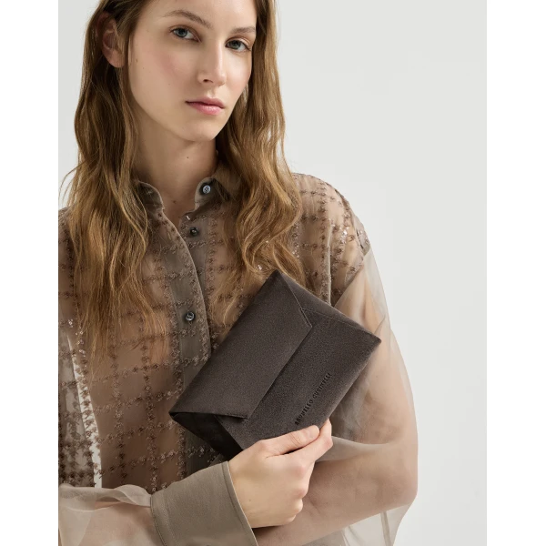 Brunello Cucinelli Duo pochette in suede with precious chain in Pepper, view 4 | Clutch Bags | Coveti
