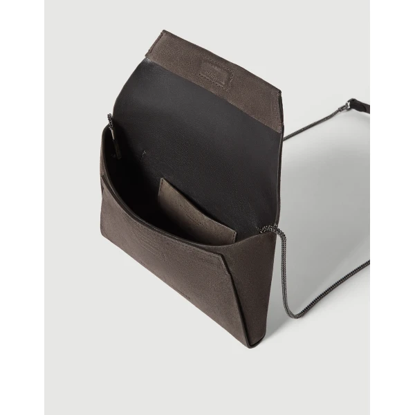 Brunello Cucinelli Duo pochette in suede with precious chain in Pepper, view 5 | Clutch Bags | Coveti