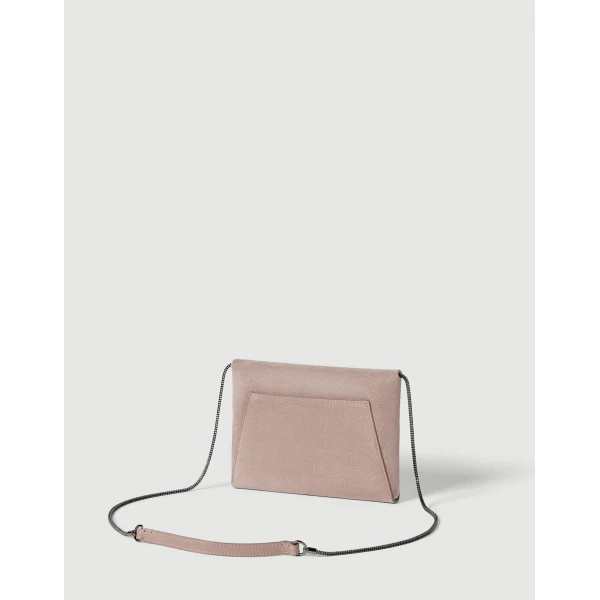 Brunello Cucinelli Duo pochette in suede with precious chain in Pink, view 2 | Clutch Bags | Coveti