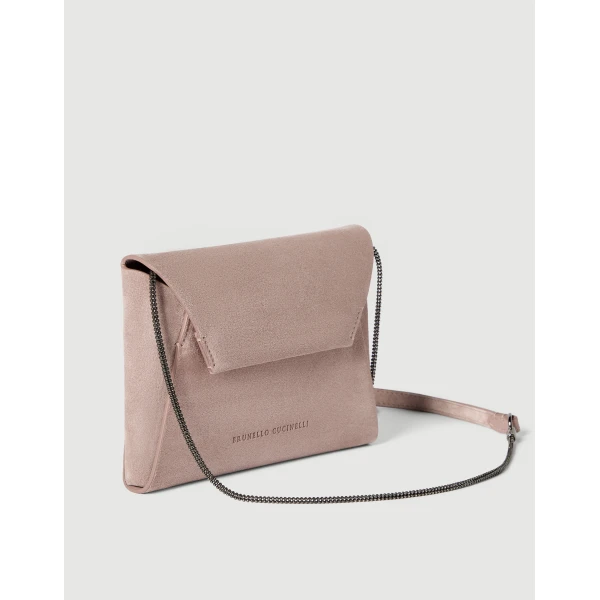 Brunello Cucinelli Duo pochette in suede with precious chain in Pink, view 3 | Clutch Bags | Coveti