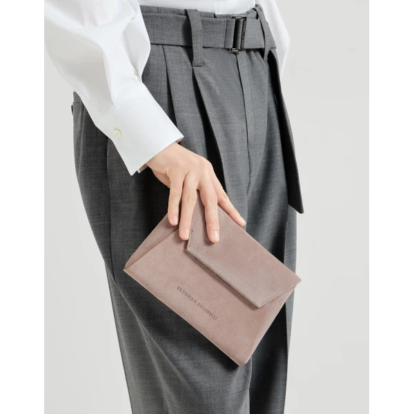 Brunello Cucinelli Duo pochette in suede with precious chain in Pink, view 4 | Clutch Bags | Coveti