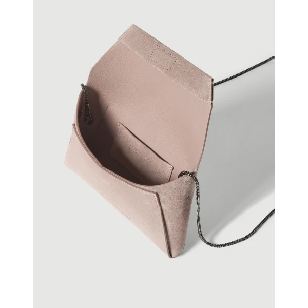 Brunello Cucinelli Duo pochette in suede with precious chain in Pink, view 5 | Clutch Bags | Coveti