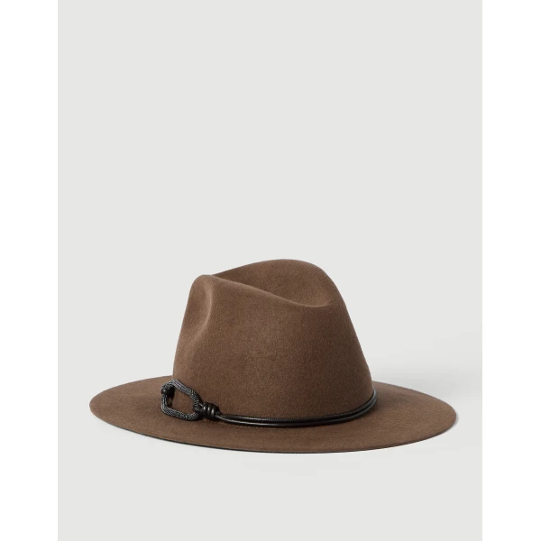 Brunello Cucinelli Felt fedora with monili in Brown, view 2 | Hats | Coveti