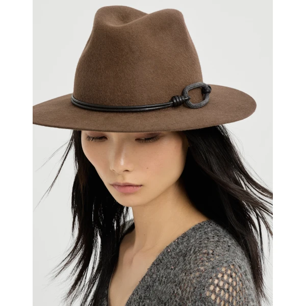 Brunello Cucinelli Felt fedora with monili in Brown, view 3 | Hats | Coveti