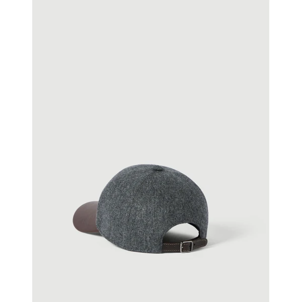 Brunello Cucinelli Flannel and nappa leather baseball cap in Dark Grey, view 2 | Hats | Coveti