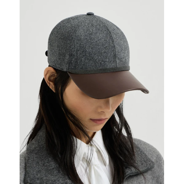 Brunello Cucinelli Flannel and nappa leather baseball cap in Dark Grey, view 3 | Hats | Coveti