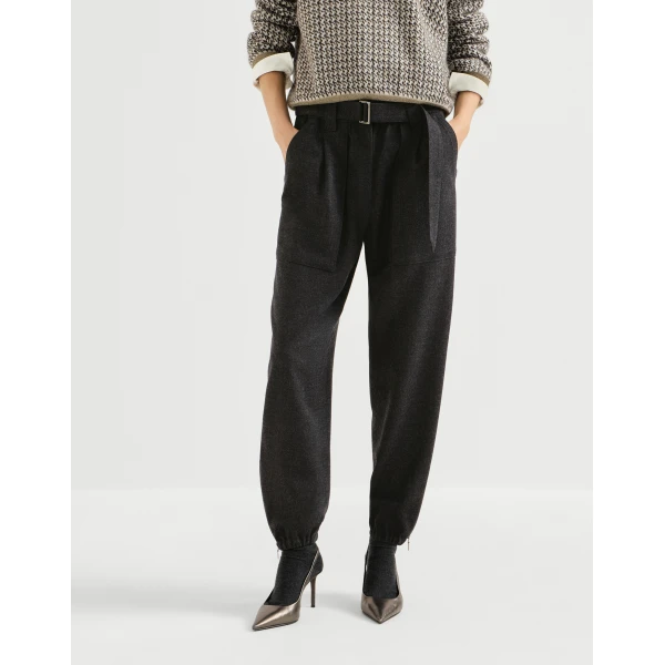Brunello Cucinelli Flannel loose cargo trousers in Anthracite, view 2 | Pants | Coveti