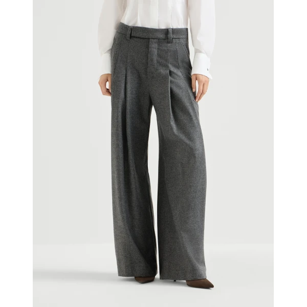 Brunello Cucinelli Flannel pleated barrel trousers in Stone Grey, view 2 | Pants | Coveti