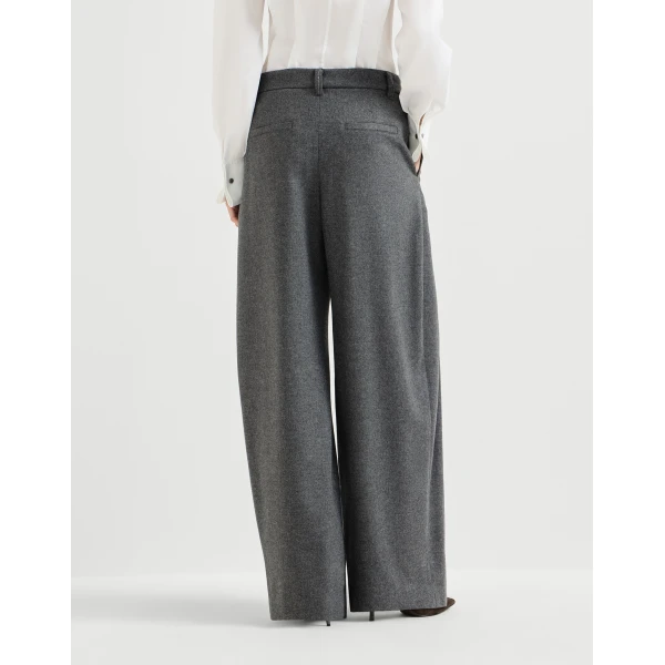 Brunello Cucinelli Flannel pleated barrel trousers in Stone Grey, view 3 | Pants | Coveti