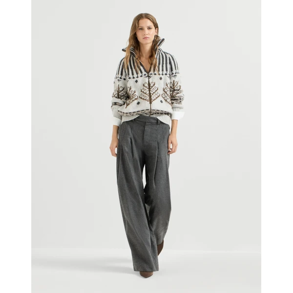Brunello Cucinelli Flannel pleated barrel trousers in Stone Grey, view 5 | Pants | Coveti