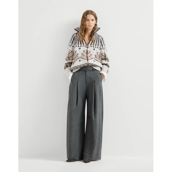Brunello Cucinelli Flannel pleated barrel trousers in Stone Grey, view 6 | Pants | Coveti