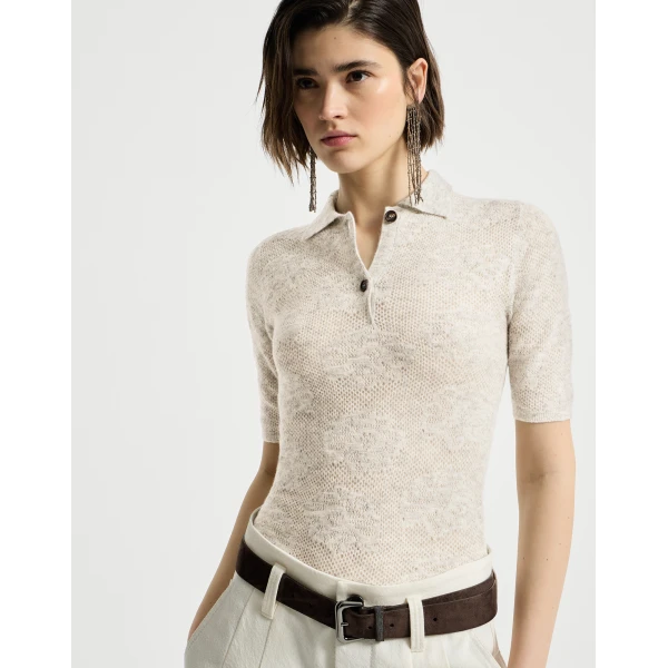 Brunello Cucinelli Flower lace knit polo in Fog