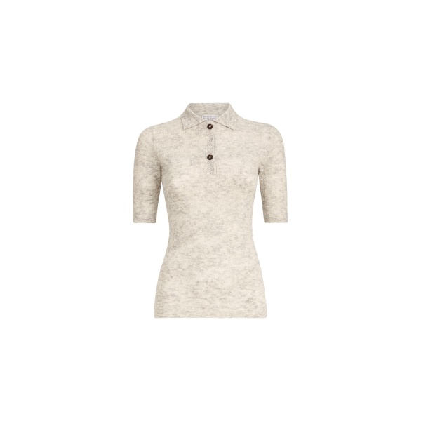 Brunello Cucinelli Flower lace knit polo in Fog
