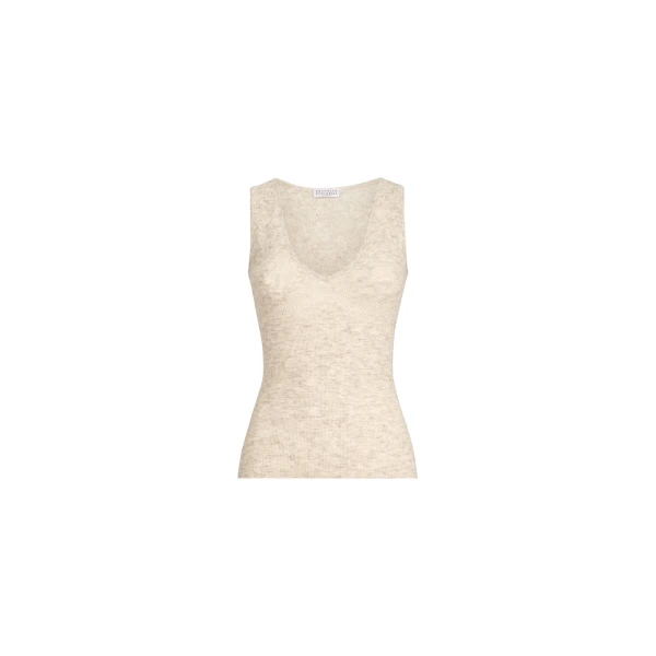 Brunello Cucinelli Flower lace knit top in Sand