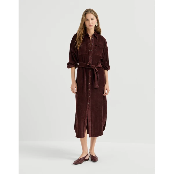 Brunello Cucinelli Fluid Corduroy shirt dress in Wine