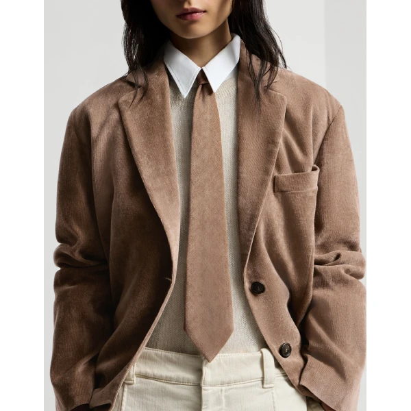 Brunello Cucinelli Fluid corduroy tie in Cappuccino, view 3 | Accessories | Coveti