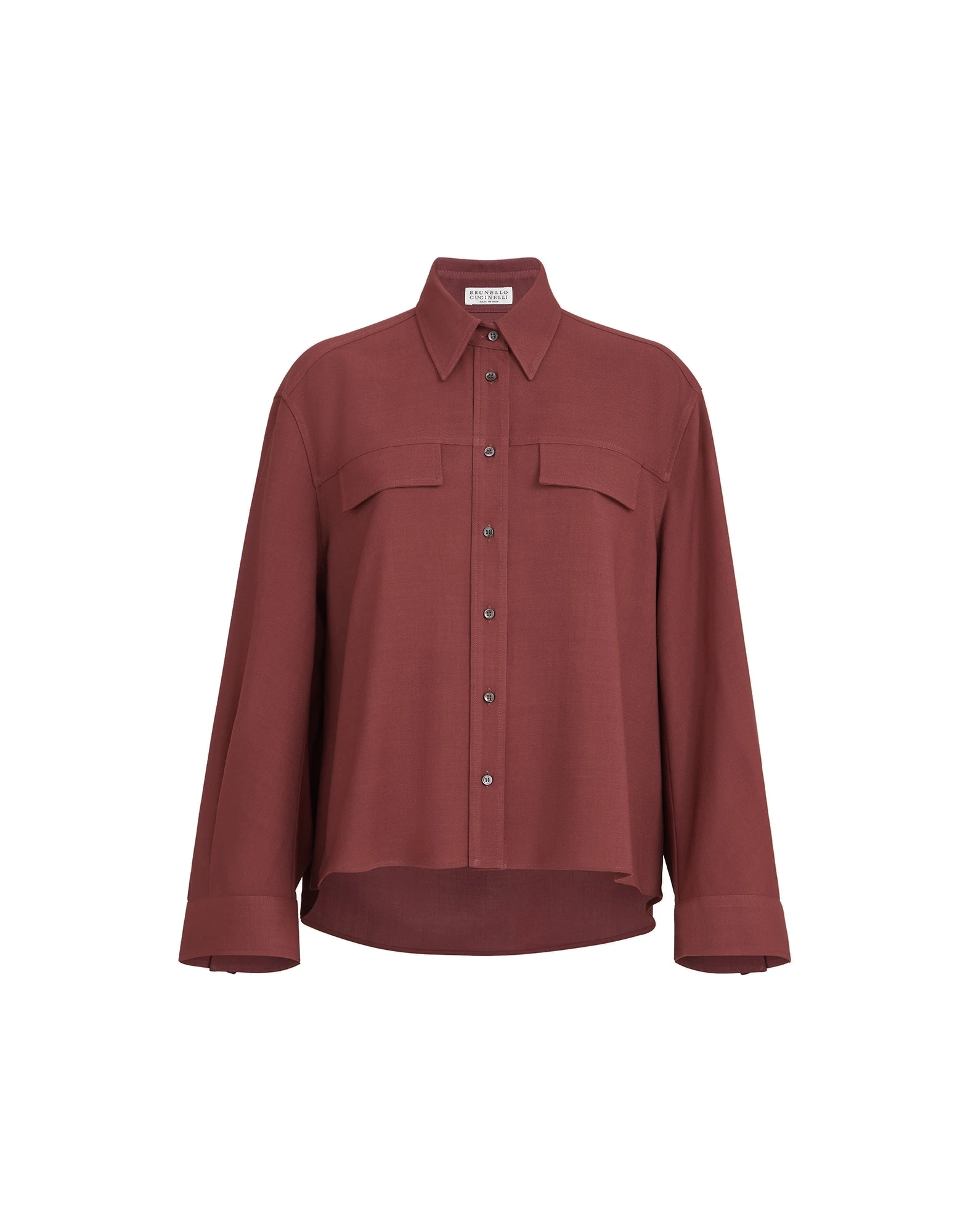 Brunello Cucinelli Fluid twill cropped shirt in Wine | Buy Tops at Coveti Brunello Cucinelli Fluid twill cropped shirt in Wine
