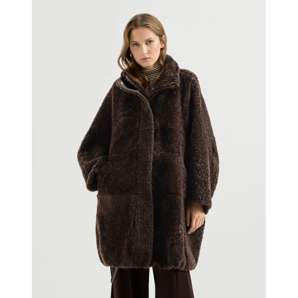 Brunello Cucinelli Fuzzy shearling outerwear jacket in Brown, view 2 | Shearling Jackets | Coveti