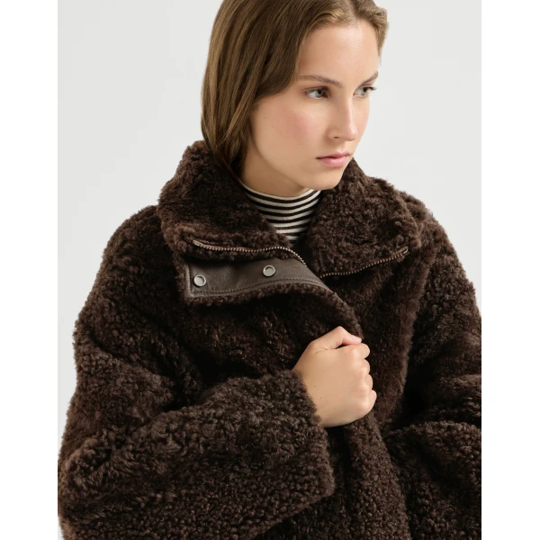 Brunello Cucinelli Fuzzy shearling outerwear jacket in Brown, view 4 | Shearling Jackets | Coveti