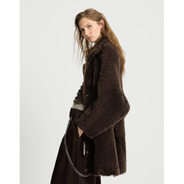 Brunello Cucinelli Fuzzy shearling outerwear jacket in Brown, view 5 | Shearling Jackets | Coveti