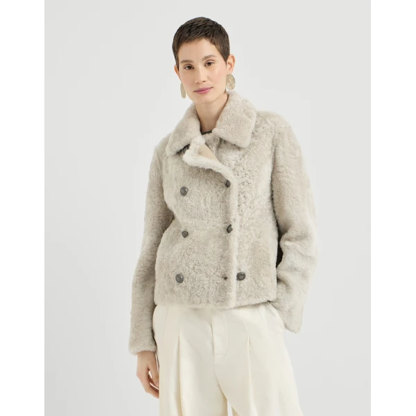 Fuzzy shearling pea coat in Ivory - Image 2