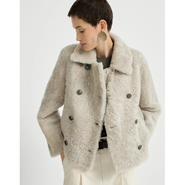 Fuzzy shearling pea coat in Ivory - Image 5