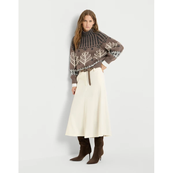 Brunello Cucinelli Gabardine flute skirt with monili in Milk, view 5 | Skirts | Coveti