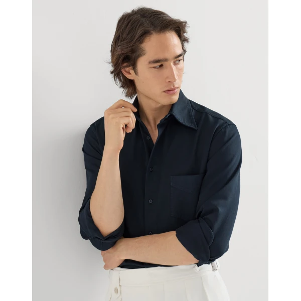 Brunello Cucinelli Garment-dyed gabardine shirt in Navy Blue, view 2 | Shirts | Coveti