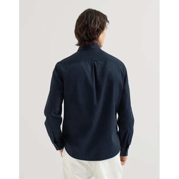 Brunello Cucinelli Garment-dyed gabardine shirt in Navy Blue, view 3 | Shirts | Coveti