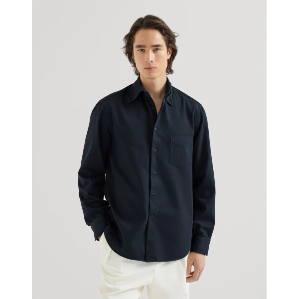 Brunello Cucinelli Garment-dyed gabardine shirt in Navy Blue, view 4 | Shirts | Coveti