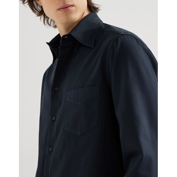 Brunello Cucinelli Garment-dyed gabardine shirt in Navy Blue, view 5 | Shirts | Coveti