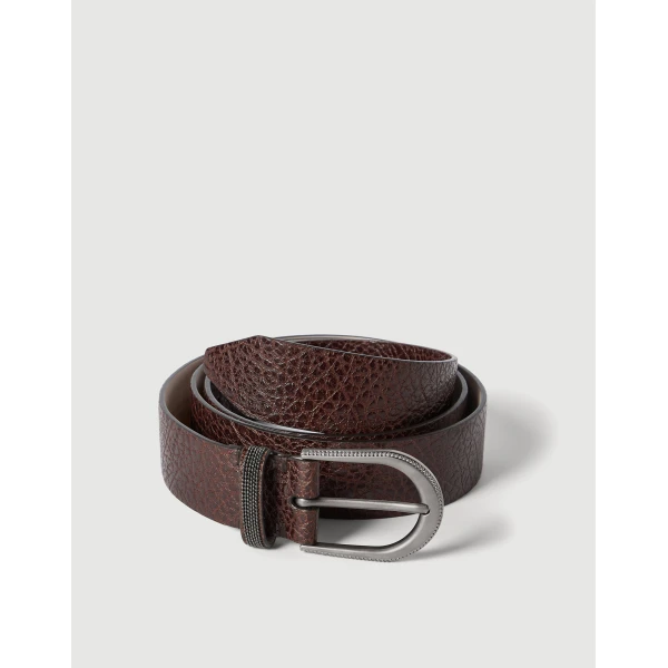 Brunello Cucinelli Glossy hammered calfskin belt in Brown, view 2 | Belts | Coveti