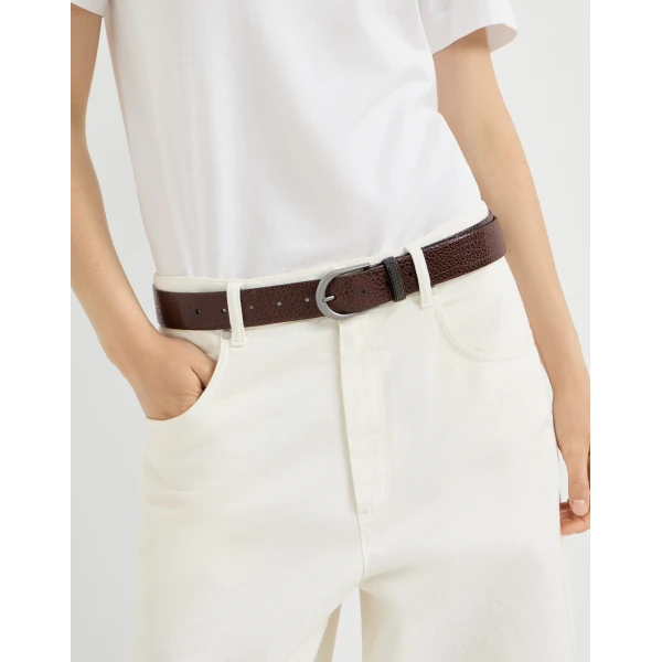 Brunello Cucinelli Glossy hammered calfskin belt in Brown, view 3 | Belts | Coveti