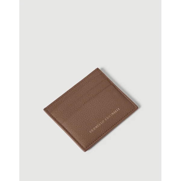 Brunello Cucinelli Grained calfskin card case in Brown Gianduia, view 3 | Wallets & Purses | Coveti