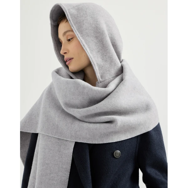 Brunello Cucinelli Hooded knit scarf in Light Grey, view 4 | Scarves | Coveti