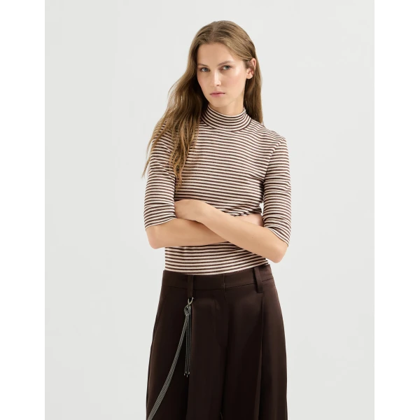 Brunello Cucinelli Jersey T-shirt with sparkling stripes in Brown, view 2 | Shirts | Coveti