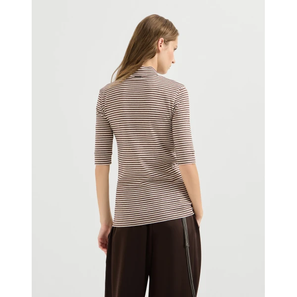 Brunello Cucinelli Jersey T-shirt with sparkling stripes in Brown, view 3 | Shirts | Coveti