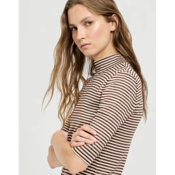 Brunello Cucinelli Jersey T-shirt with sparkling stripes in Brown, view 4 | Shirts | Coveti