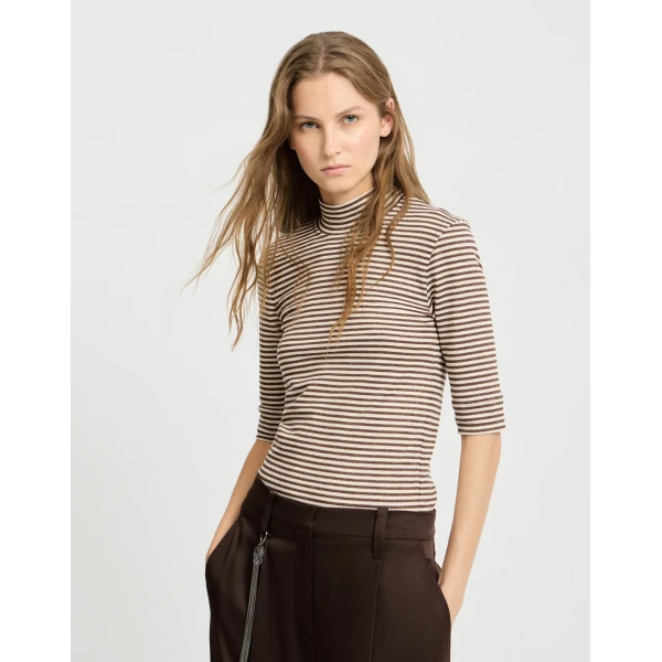 Brunello Cucinelli Jersey T-shirt with sparkling stripes in Brown, view 5 | Shirts | Coveti