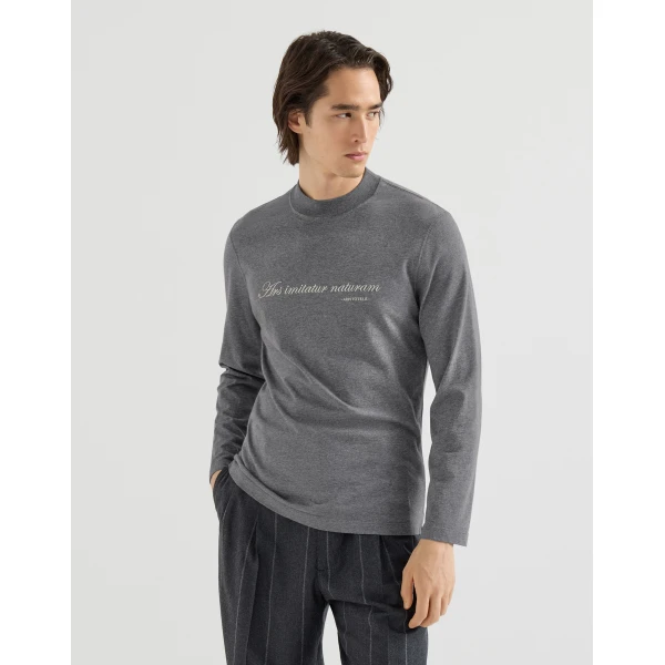 Brunello Cucinelli Jersey mock neck T-shirt in Dark Grey, view 2 | T-shirts | Coveti