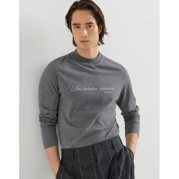 Brunello Cucinelli Jersey mock neck T-shirt in Dark Grey, view 5 | T-shirts | Coveti
