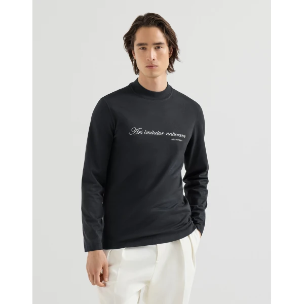 Brunello Cucinelli Jersey mock neck T-shirt in Navy Blue, view 2 | T-shirts | Coveti