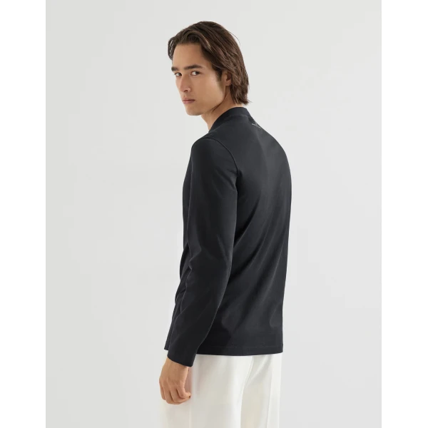 Brunello Cucinelli Jersey mock neck T-shirt in Navy Blue, view 3 | T-shirts | Coveti