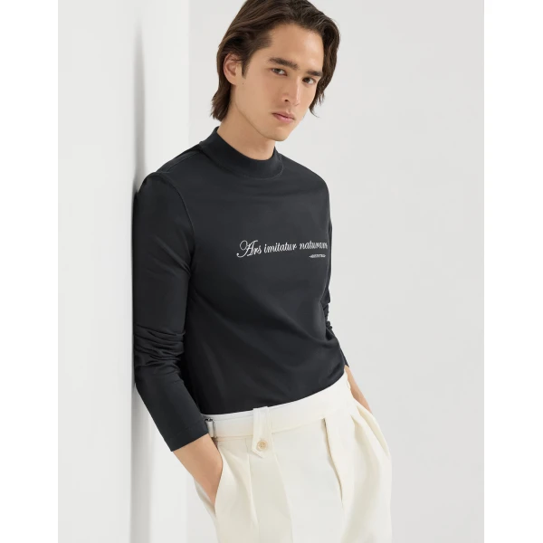Brunello Cucinelli Jersey mock neck T-shirt in Navy Blue, view 5 | T-shirts | Coveti