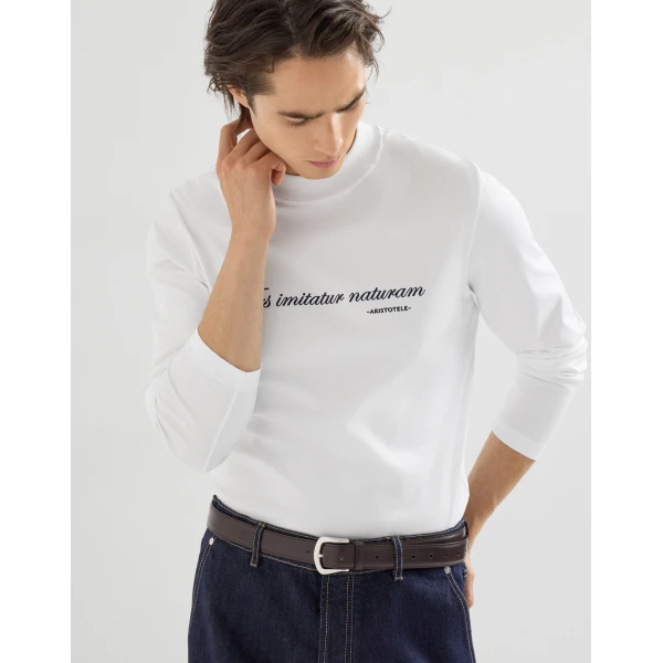 Brunello Cucinelli Jersey mock neck T-shirt in White, view 4 | T-shirts | Coveti