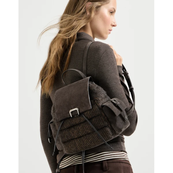 Brunello Cucinelli Knit and suede sartorial backpack in Pepper, view 4 | Backpacks | Coveti