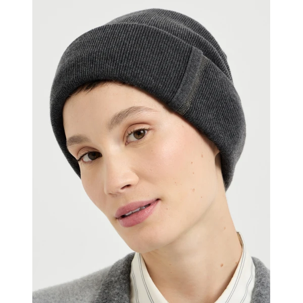 Brunello Cucinelli Knit beanie in Lignite Grey, view 3 | Hats | Coveti