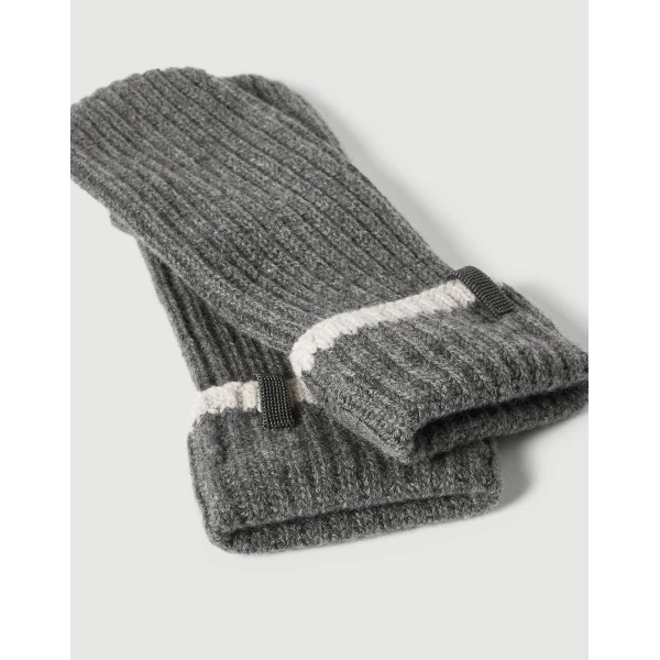 Brunello Cucinelli Knit mittens with monili in Lead, view 2 | Gloves | Coveti